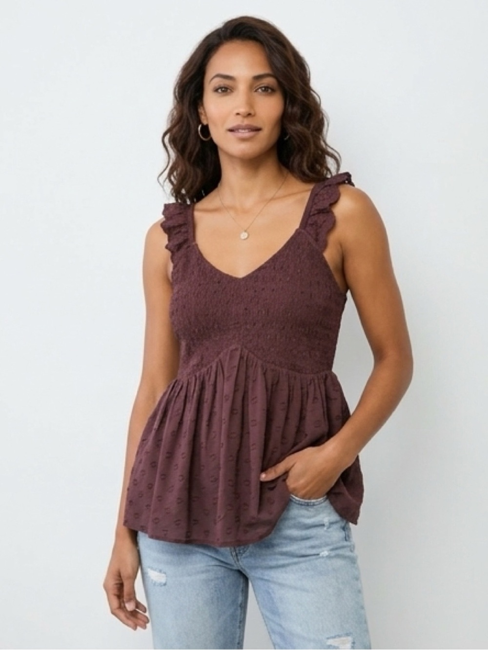 torrid brown  Smocked Peplum Ruffle Strap Tank